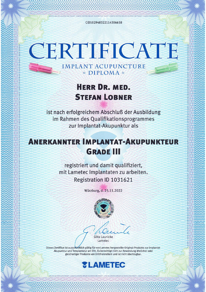 Zertifikat zur Implantat-Akupunktur von Dr. med. Stefan Lobner