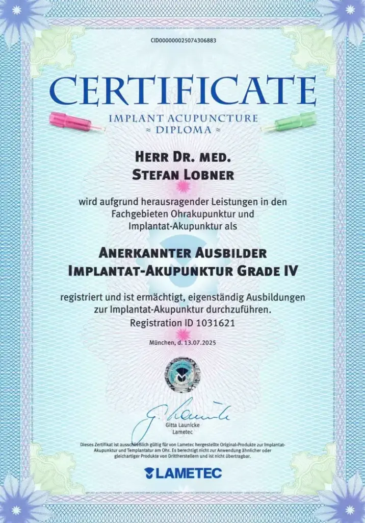 Zertifikat zur Implantat-Akupunktur von Dr. med. Stefan Lobner